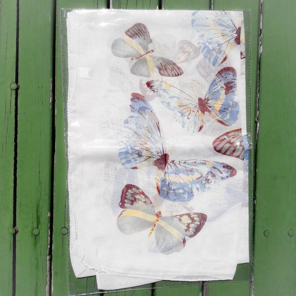 White Chiffon Blue Butterfly Wrap Scarf Shawl - Picture 2 of 4